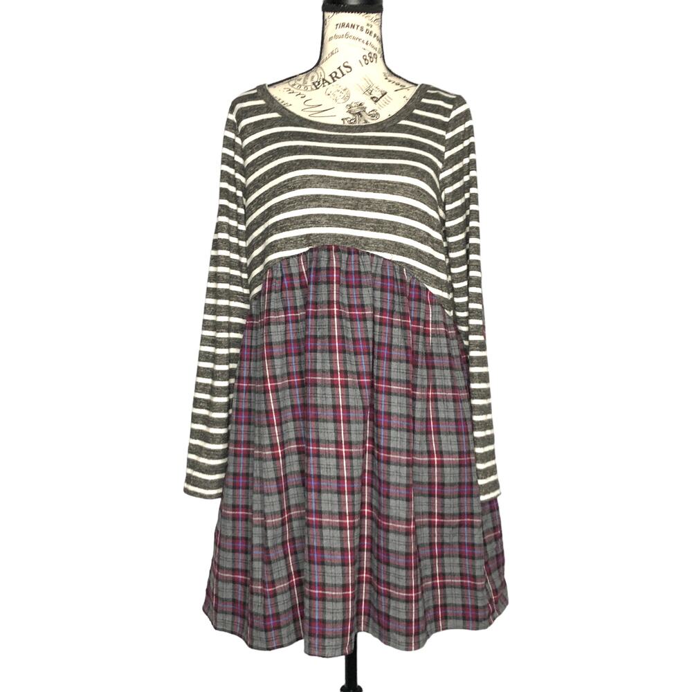 Andrée by Unit (M) Striped Plaid Pocket Elbow Patch Pocketed Swing Dress